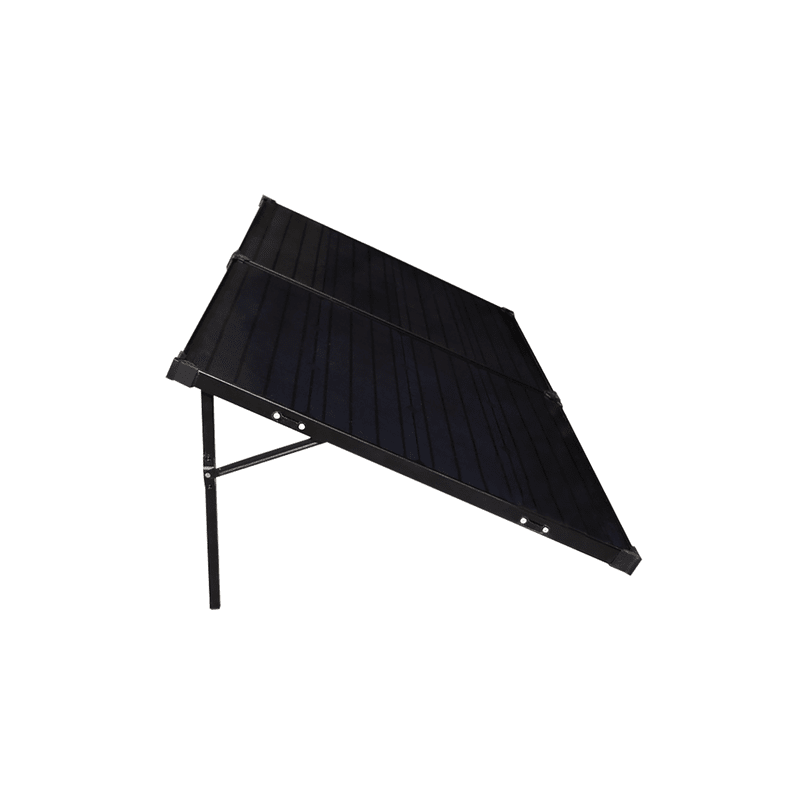 100 watt 24V side view all black open solar panel with adjustable legs on display Lion Energy