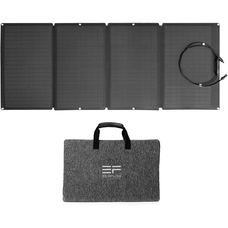 160 watt portable solar panel side view with carry case kickstand in use and connection cable and carry case by EcoFlow