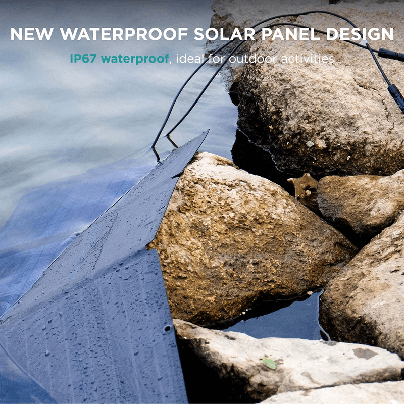 ecoflow 220w bifacial solar panel submersed in water against rocks. IP67 waterproof rating EcoFlow