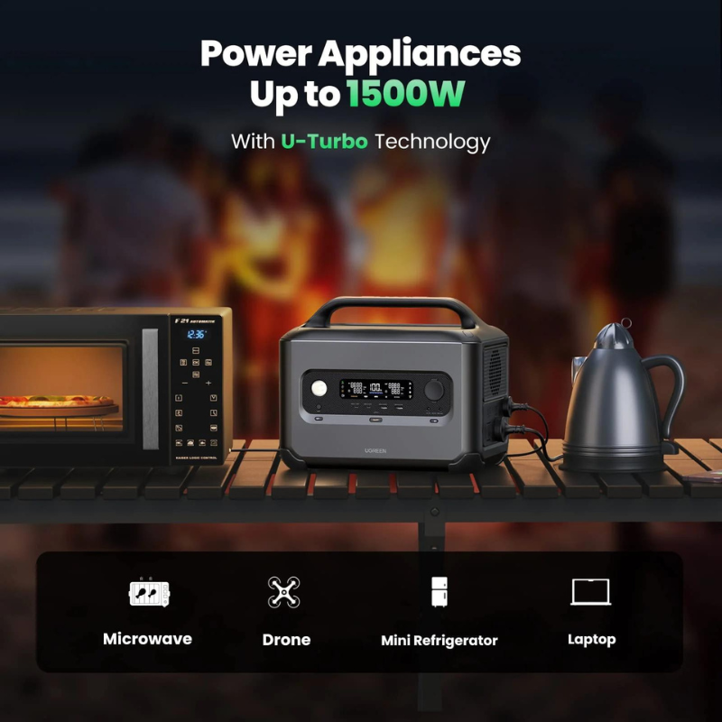 UGreen Power Roam 600 - Power appliances up to 1500W with Turbo Tech. Pictured with a microwave and electric coffee pot.