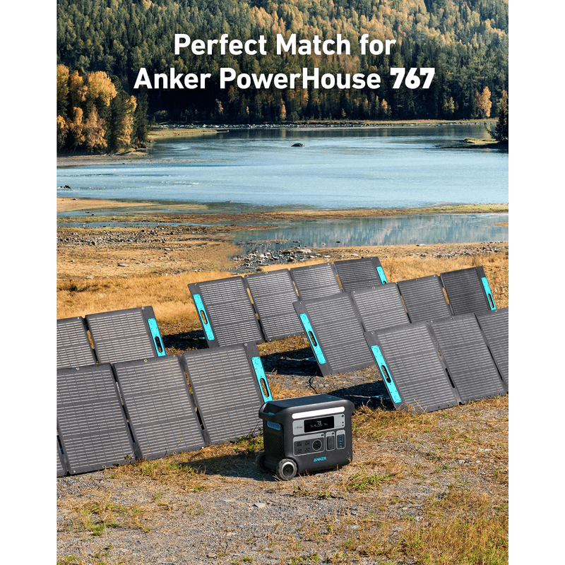 Anker 531 Solar Panel (200W) perfect match for the anker powerhouse 767. Image displays several solar panels connected to 767 generator