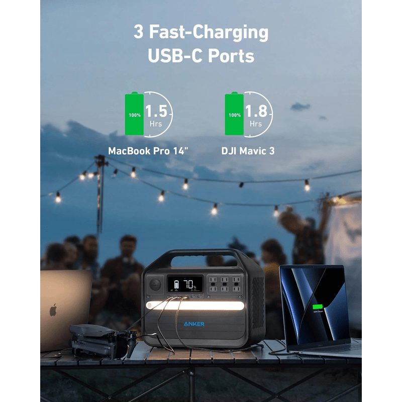 Anker 555 Portable Power Station 3 fast charging usb ports. outdoor use of anker 555 on display
