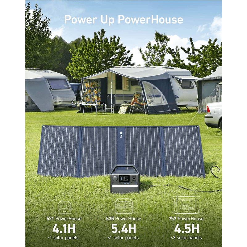 Anker 625 Solar Panel (100W) Power up powerhouse. Panel and generator in front of camping site