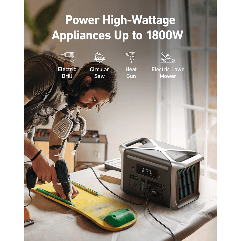 Anker 757 Portable Power Station power high wattage appliances up to 1800w. Man using power tools charged by Anker 757