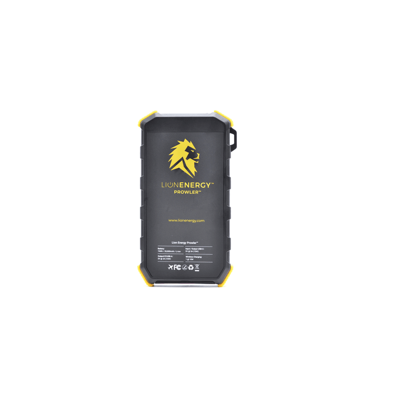 Back view of prowler portable wireless power bank with side clip carry lion energy