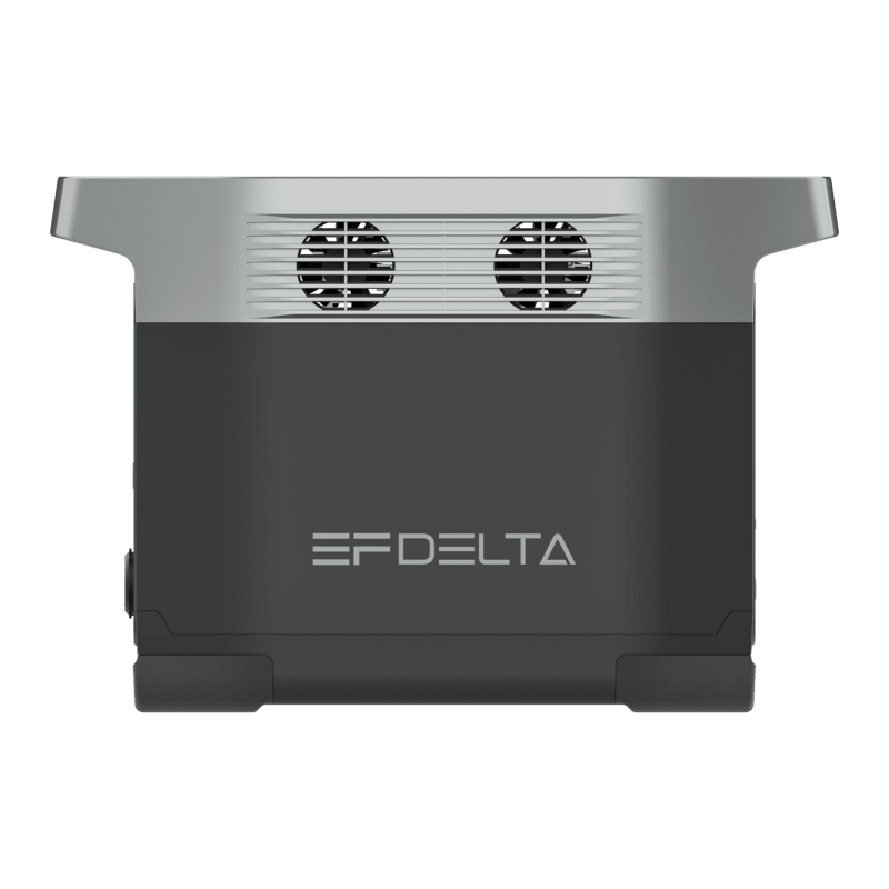 EcoFlow DELTA Power station 1300 EFDELTA1300-AM front angle view showing large display power button reset button 2 usb ports 2 type c ports black and grey 2 fans