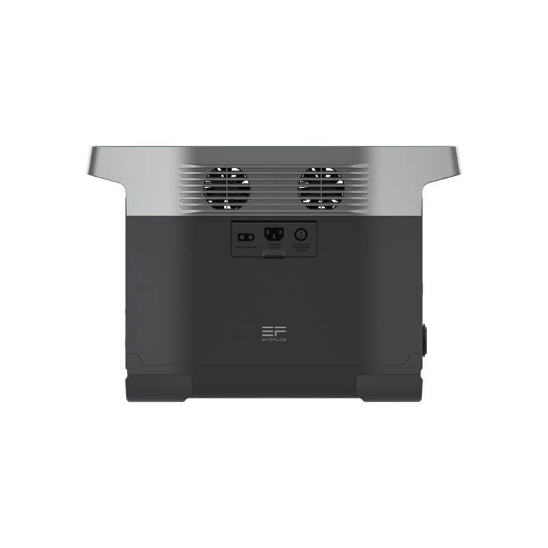 EcoFlow DELTA Power station 1300 EFDELTA1300-AM side view black and grey 2 fans a solar charge port x-stream overload protection 20A