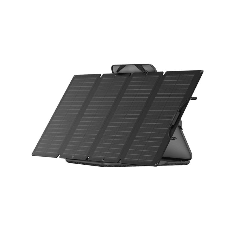 160 watt portable solar panel side view with carry case kickstand in use and connection cable by ecoflow