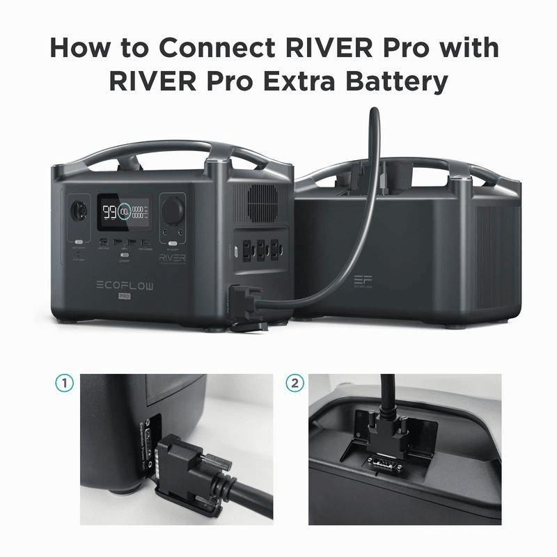 River Pro portable generator and extra battery side view displaying connections and cable. EcoFlow