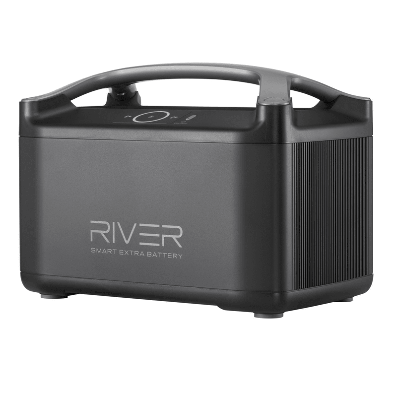 River Pro portable generator extra battery front view detailing power button and carry handle EcoFlow