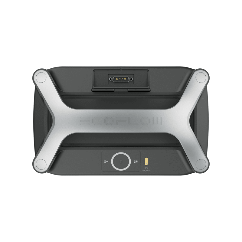 River Pro portable power generator top view of cable connection port, power button and carry handle EcoFlow