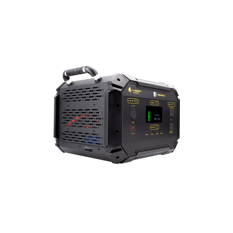 Safari ME portable power unit side angle view. Vented side. Front main switch, outputs, and display screen. Top carry handle. Lion Energy