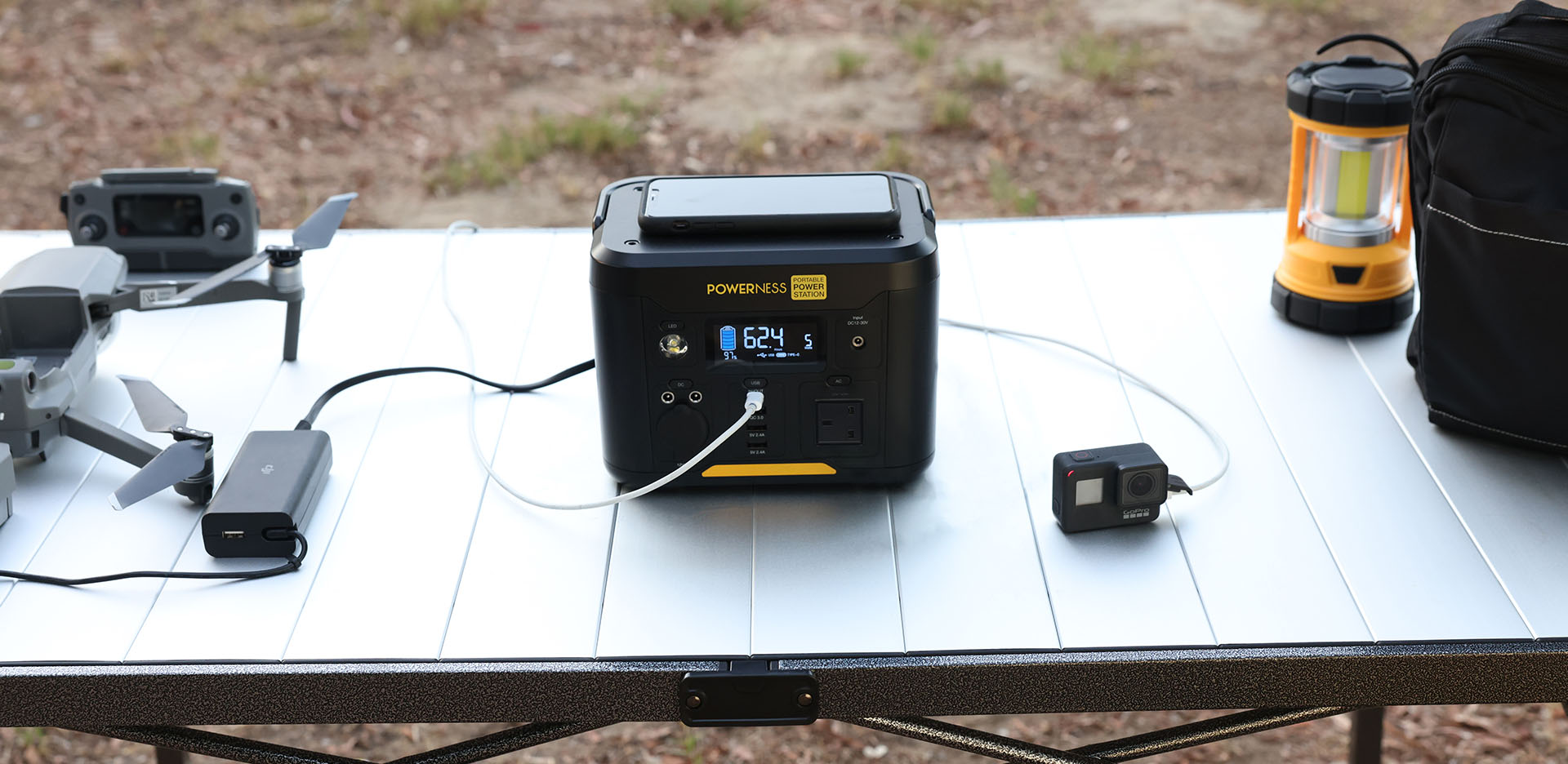 Powerness Hiker U300: Reliable power for photographic devices and drone on an outdoor table. Solar Energy Generator