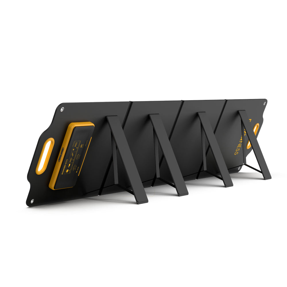 Powerness SolarX S200: Unfolded back view of portable solar panel showcasing handles, kickstand, and connection ports